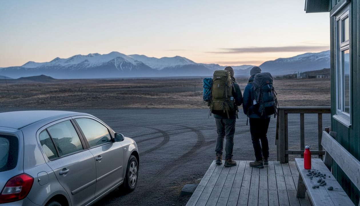 All'alba, alcuni viaggiatori con lo zaino in spalla lasciano l'ostello in Islanda, pronti per una nuova avventura.