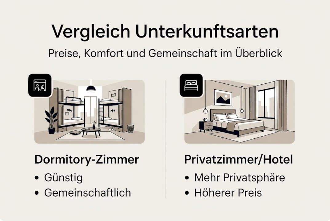 Die Infografik bietet einen übersichtlichen Vergleich verschiedener Unterkunftsmöglichkeiten.
