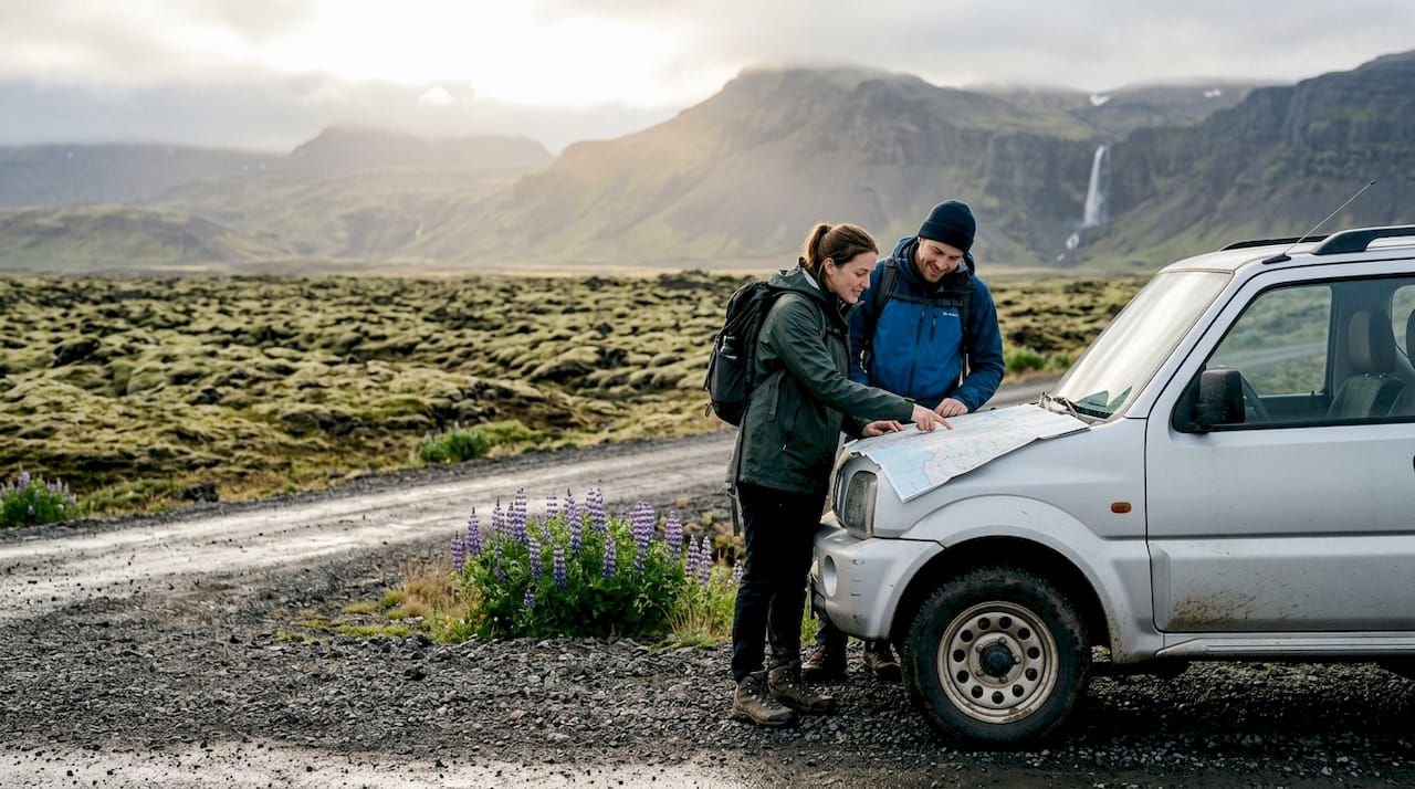 Travelers with map on Icelandic South Coast road