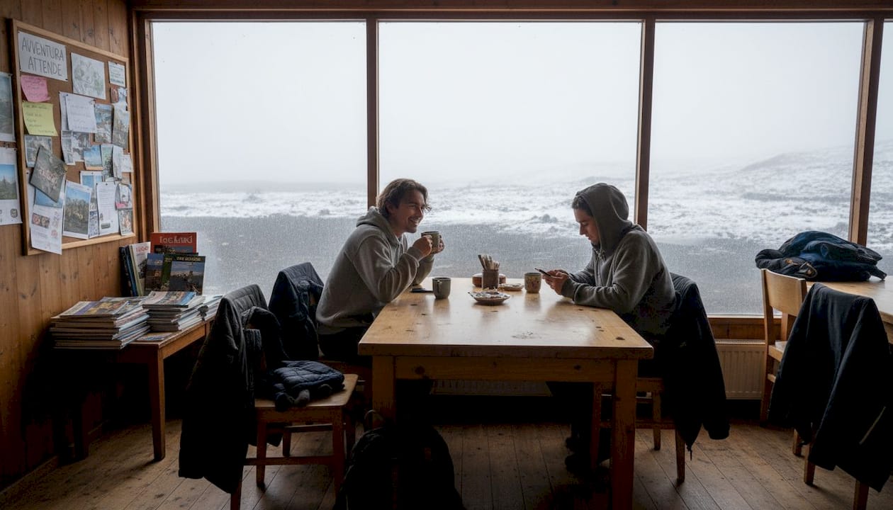 Giovani viaggiatori che si rilassano nell’area comune di un ostello islandese