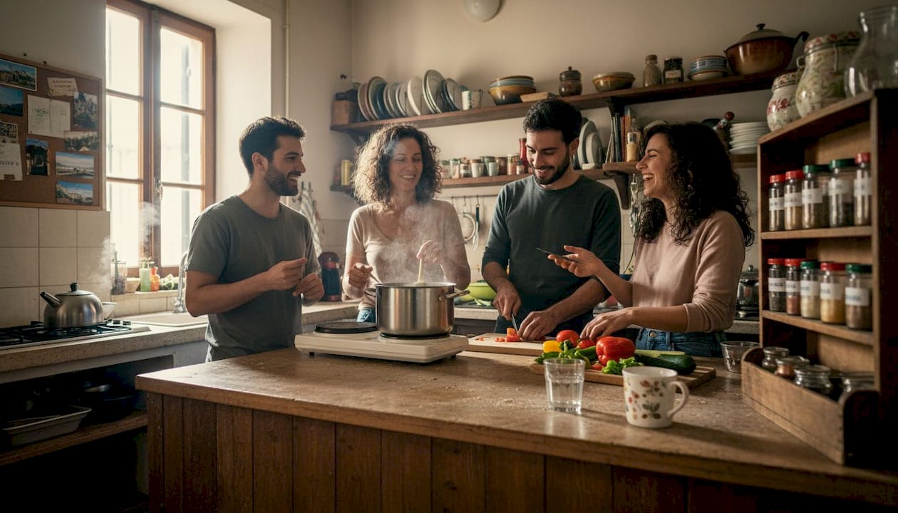Viaggiatori di tutto il mondo che si ritrovano nella cucina dell’ostello, condividendo ricette, ingredienti e storie mentre preparano insieme la cena.