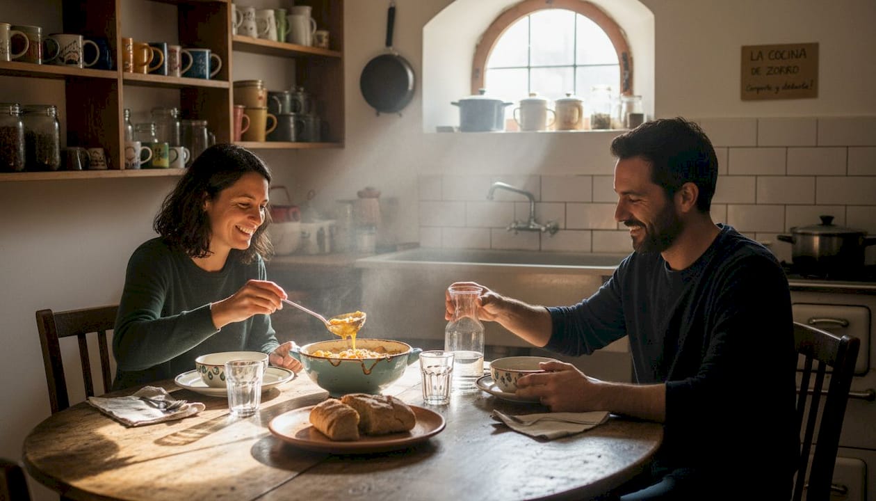 Los huéspedes comparten una comida y conversan animadamente en la cocina del hostel.