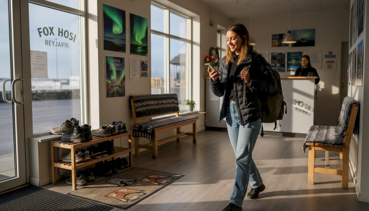 Una viajera revisa su móvil mientras espera en el vestíbulo de un hostal.