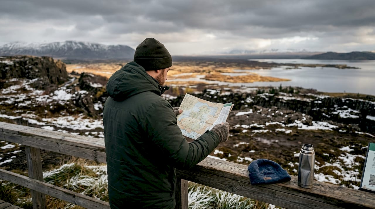 Un voyageur contemple le paysage depuis un belvédère dans un parc islandais, carte en main pour préparer son itinéraire.