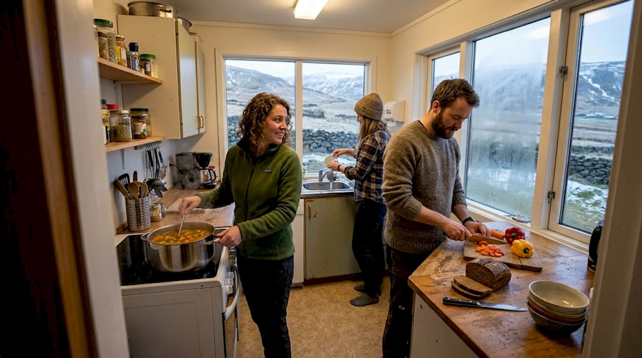 Travelers cooking together in hostel kitchen