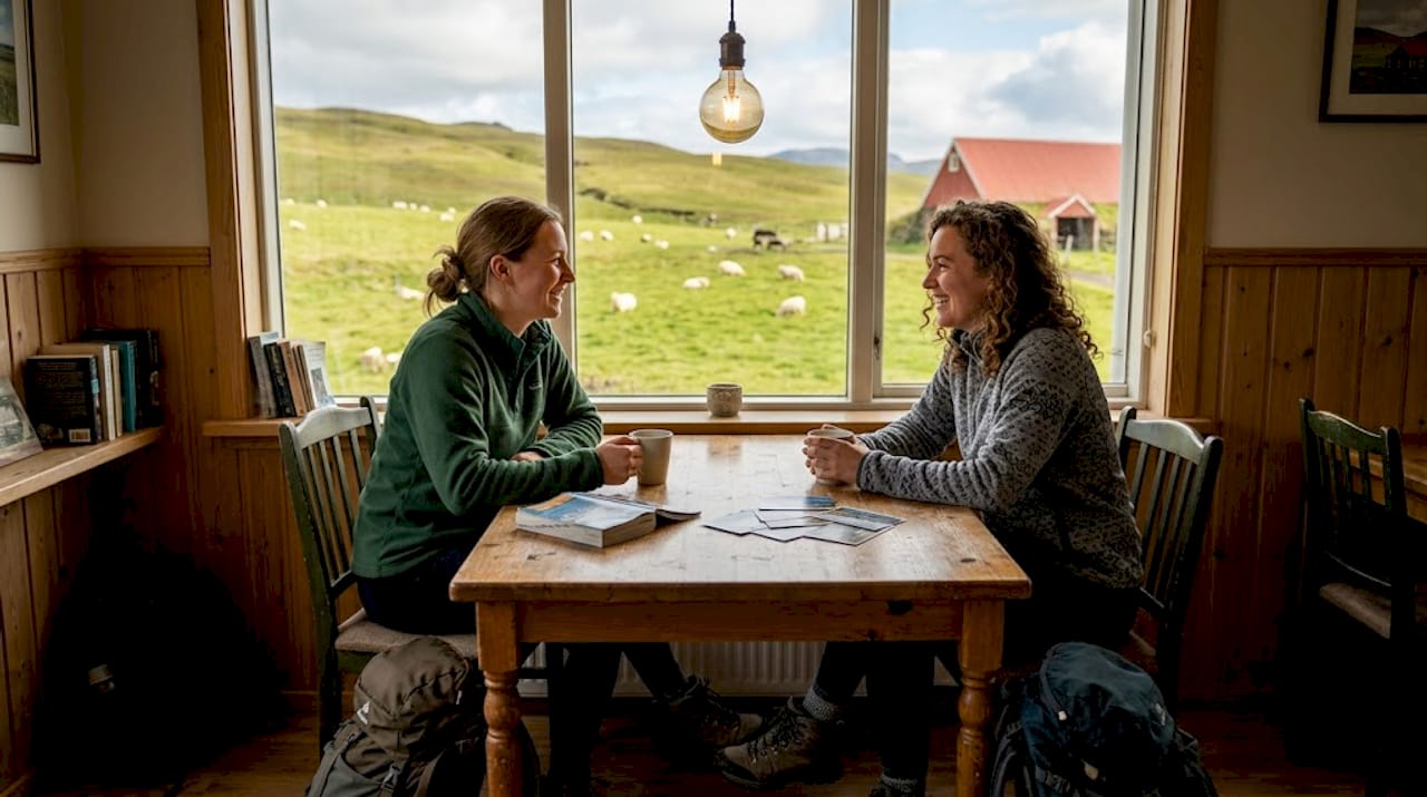Travelers conversing at rural Iceland hostel table
