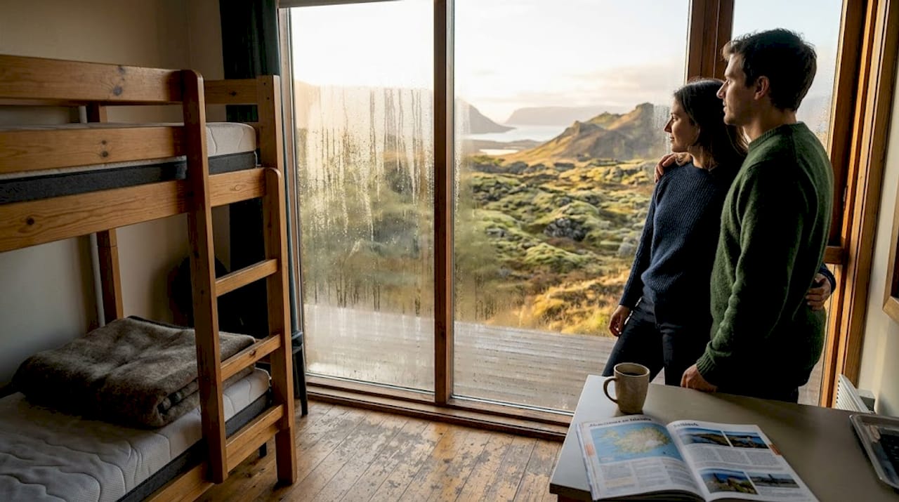 Una pareja disfruta del paisaje natural desde la ventana de su hostal.