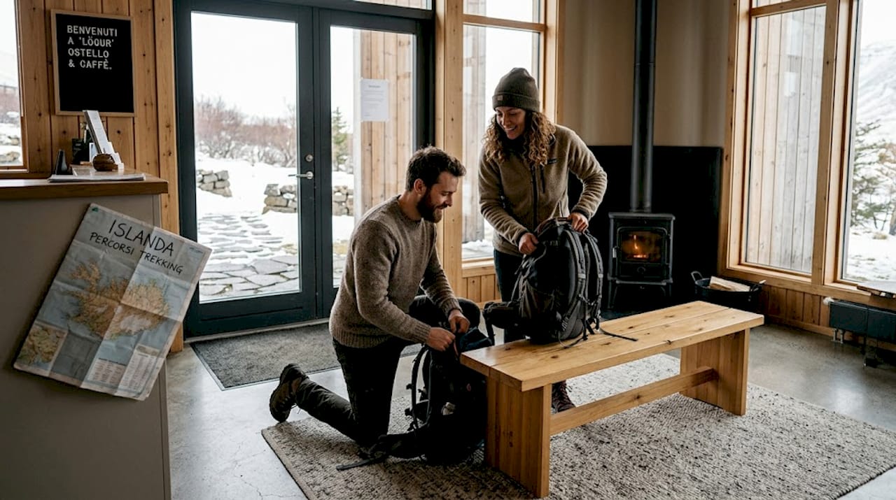 Ospiti in arrivo all’ingresso di un esclusivo ostello islandese
