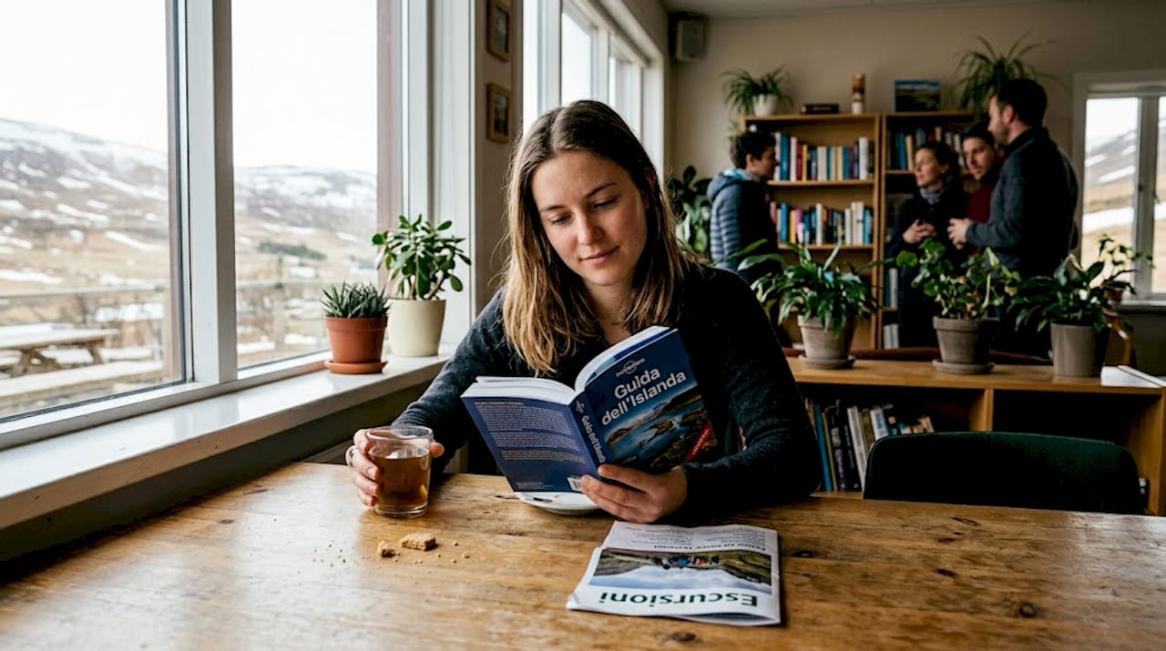 Un ambiente moderno e confortevole dove rilassarsi e socializzare, tipico degli ostelli islandesi.