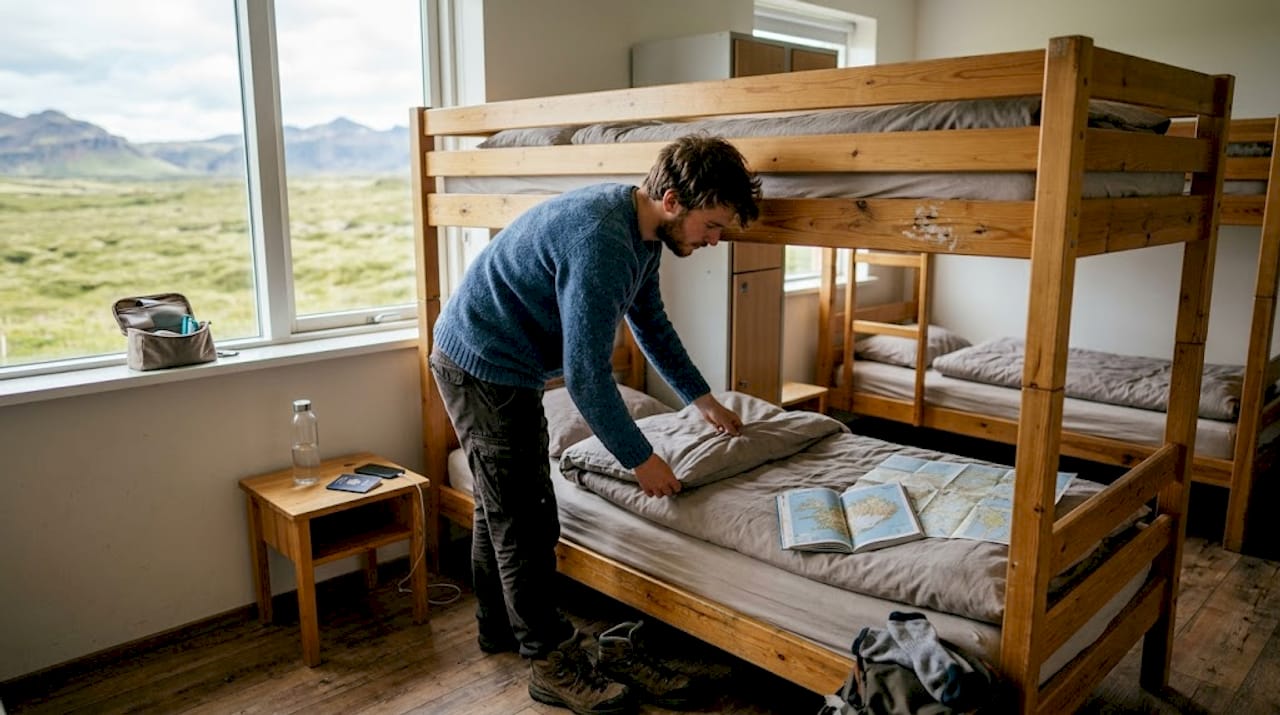 Ein junger Mann bezieht sein Bett im Mehrbettzimmer eines Hostels.