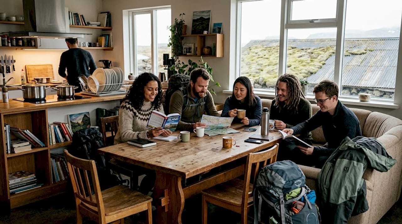 Im gemütlichen Gemeinschaftsraum eines Hostels in Island kommen Reisende zusammen, um zu entspannen und Erfahrungen auszutauschen.
