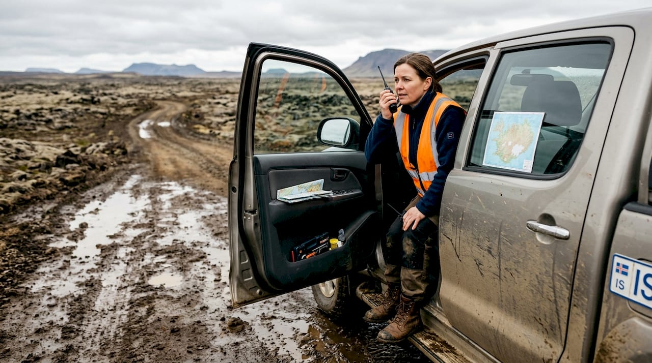 Worker monitoring muddy Icelandic F-road