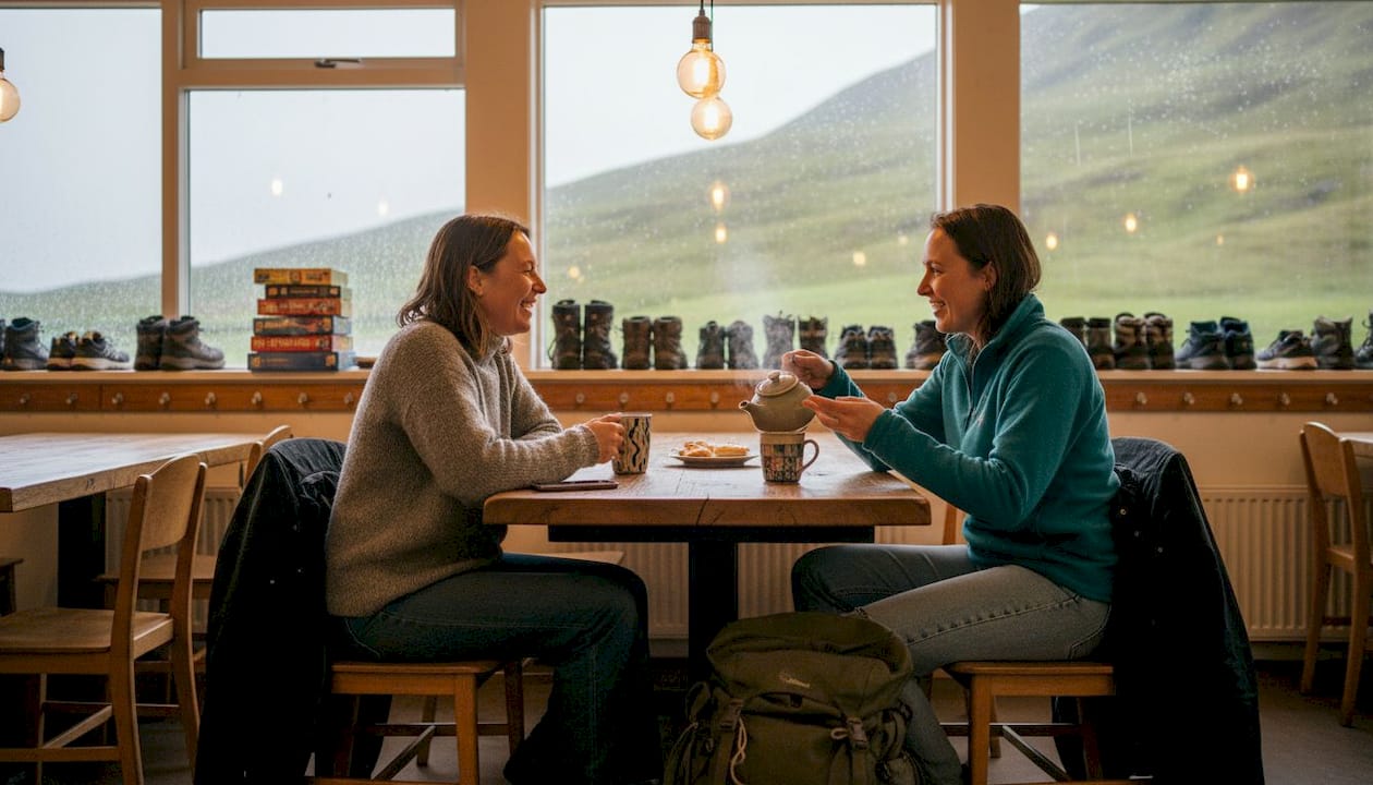 Eine allein reisende Person kommt im Gemeinschaftsraum des Hostels mit anderen ins Gespräch.