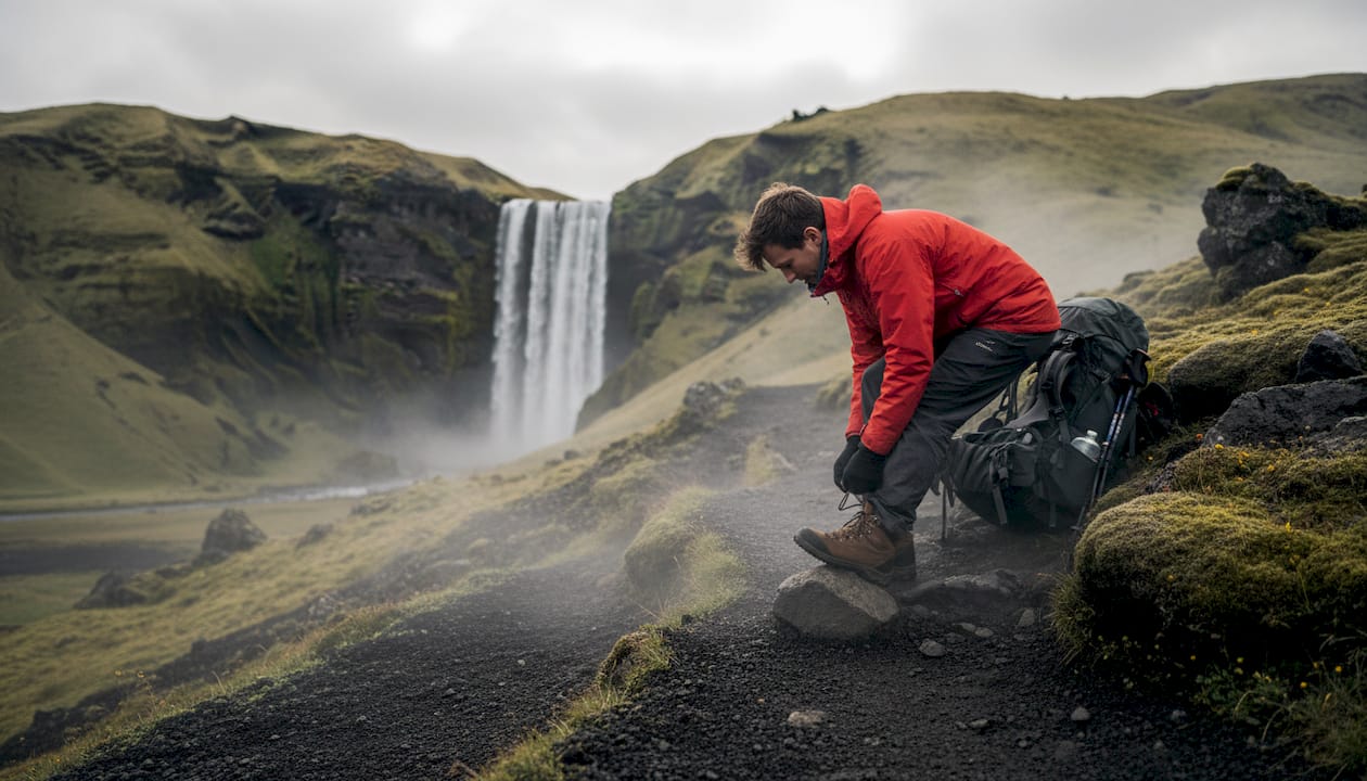 Randonneur faisant une pause sur un sentier volcanique en Islande