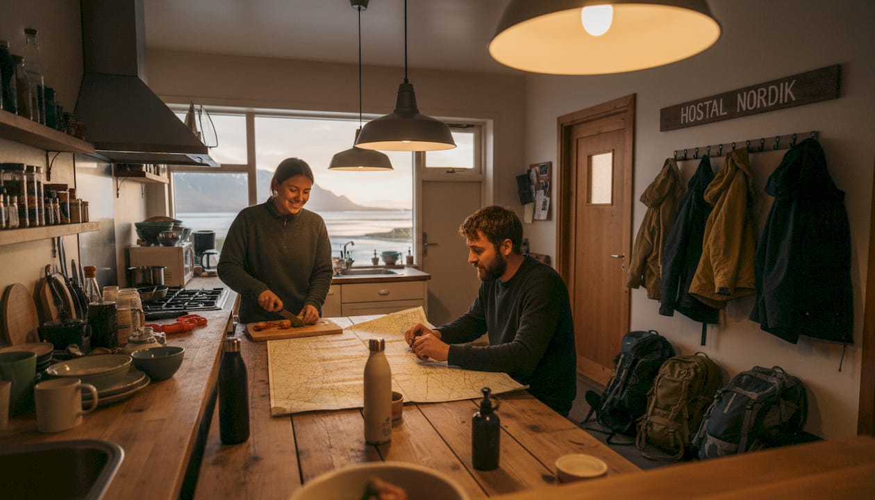 Amigos viajeros preparando la cena juntos en la cocina de un hostal islandés