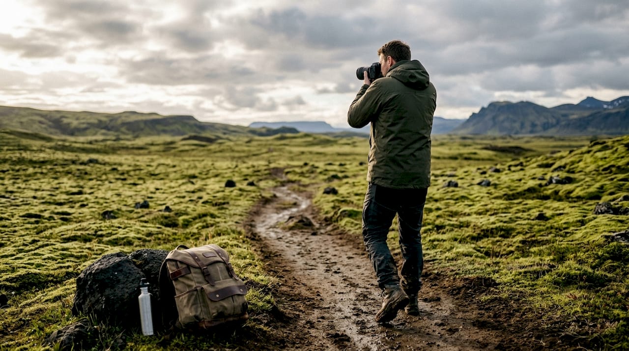 Un fotografo si avventura lungo i sentieri del Hrífunes Nature Park, pronto a catturare la bellezza incontaminata del paesaggio.