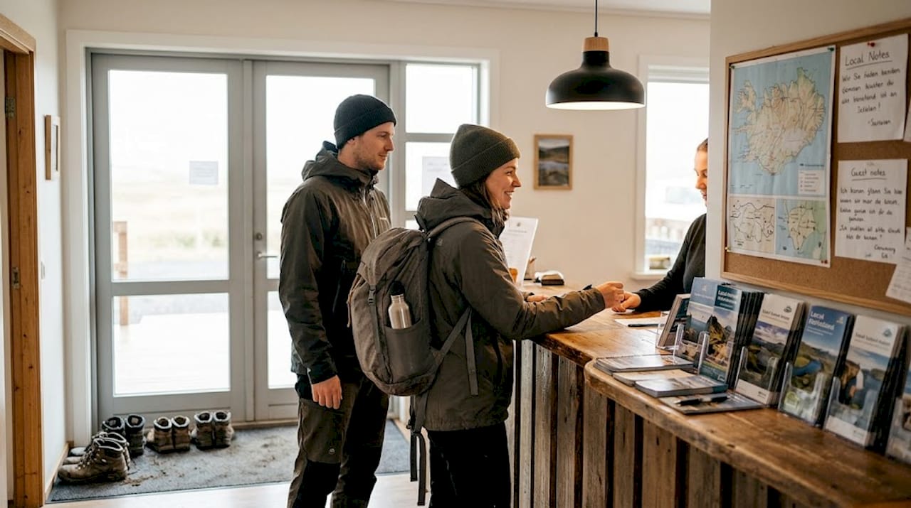 Ein junges Paar meldet sich an der Rezeption eines Hostels an.