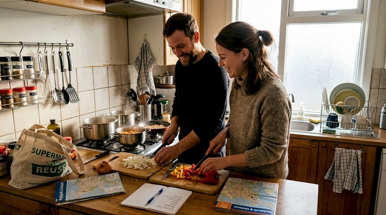 Reisende bereiten gemeinsam in der Hostel-Küche ihre Mahlzeiten zu.