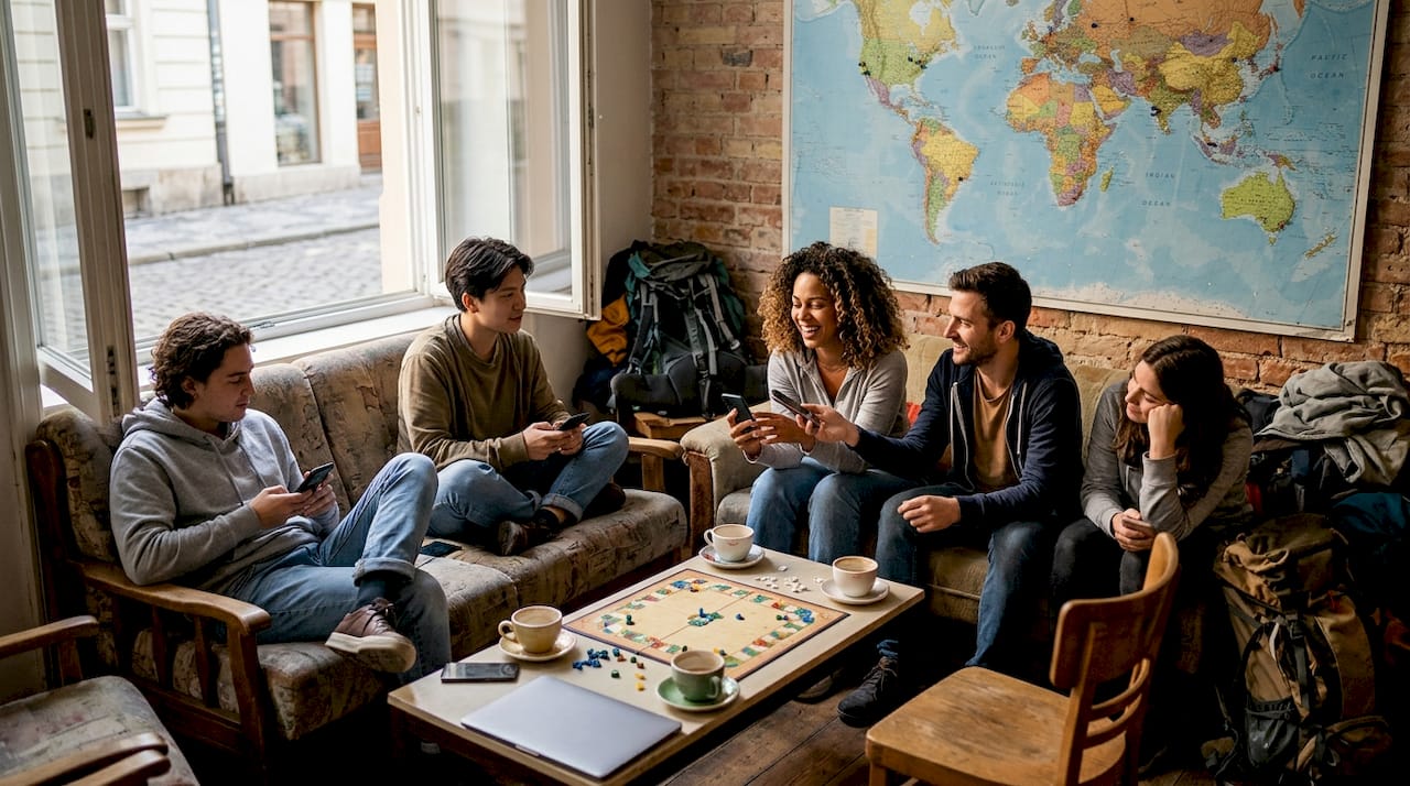 Travelers talking in hostel common room