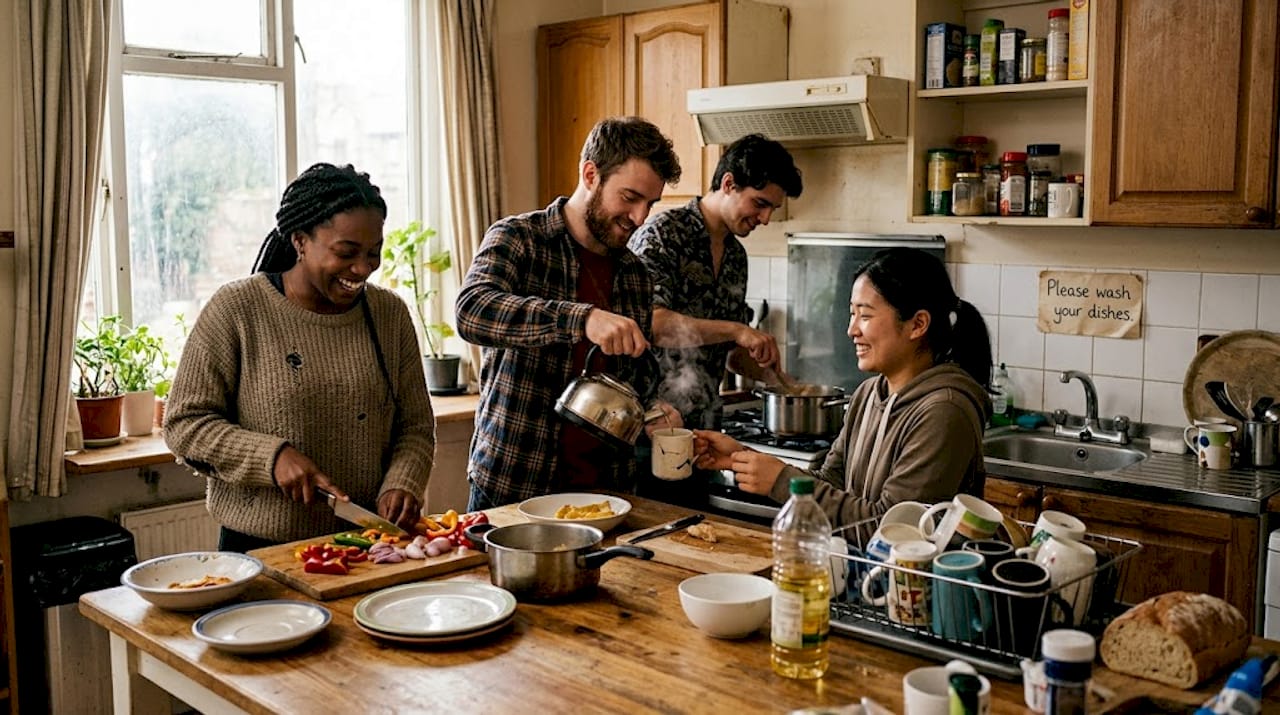 Travelers cooking and eating in hostel kitchen