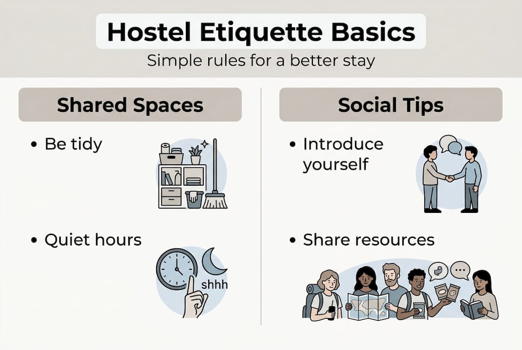 Infographic with hostel etiquette core tips