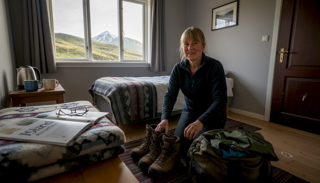 Ein Reisender packt in einer gemütlichen isländischen Pension seinen Koffer aus.