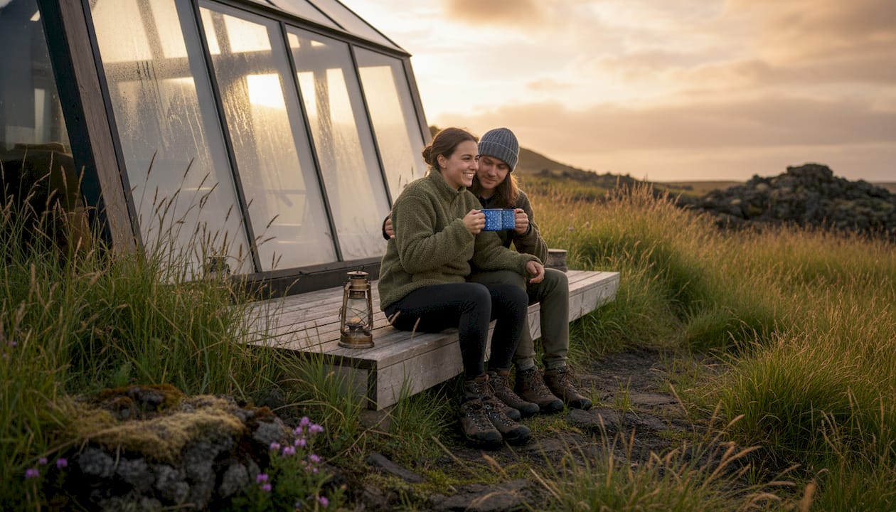 Ein Paar genießt die entspannte Atmosphäre vor einer gemütlichen Hütte in der isländischen Natur.