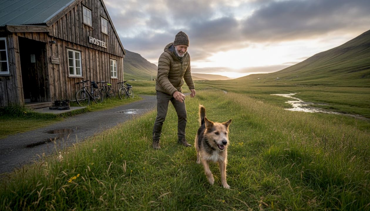 Un uomo si diverte a giocare con il suo cane sul prato di un ostello in Islanda.