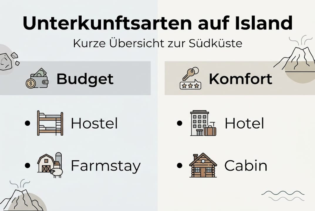 Überblick: Unterkunftsmöglichkeiten an der Südküste Islands