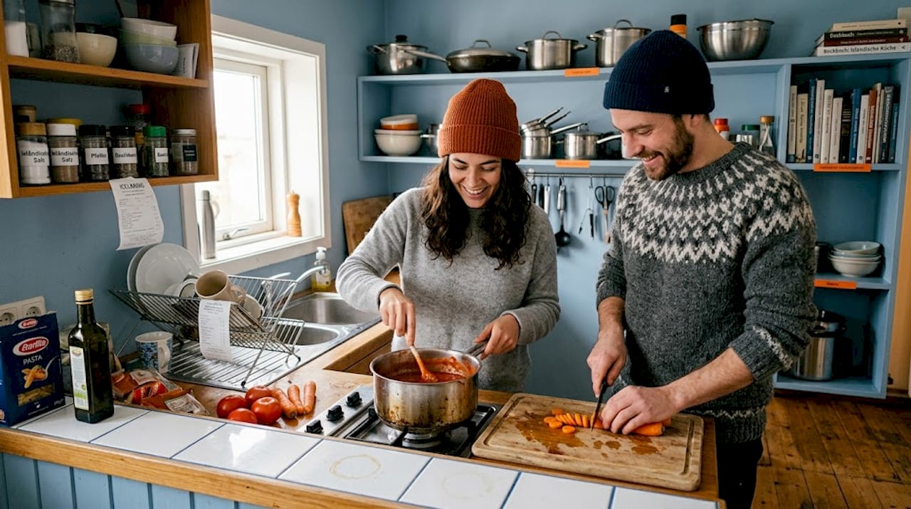 Reisende bereiten gemeinsam in der Hostel-Küche in Island ihr Essen zu.