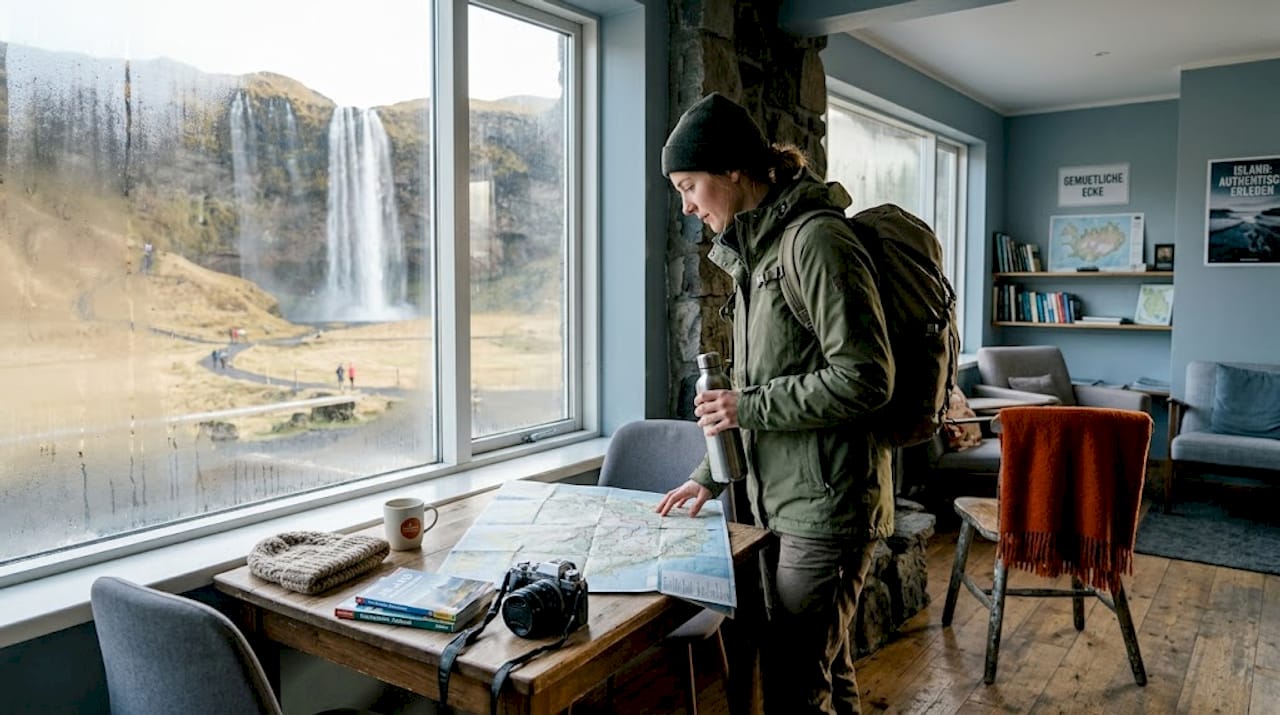 Ein Rucksackreisender sitzt in einem Hostel und schmiedet Pläne für seine Wanderung durch Island.