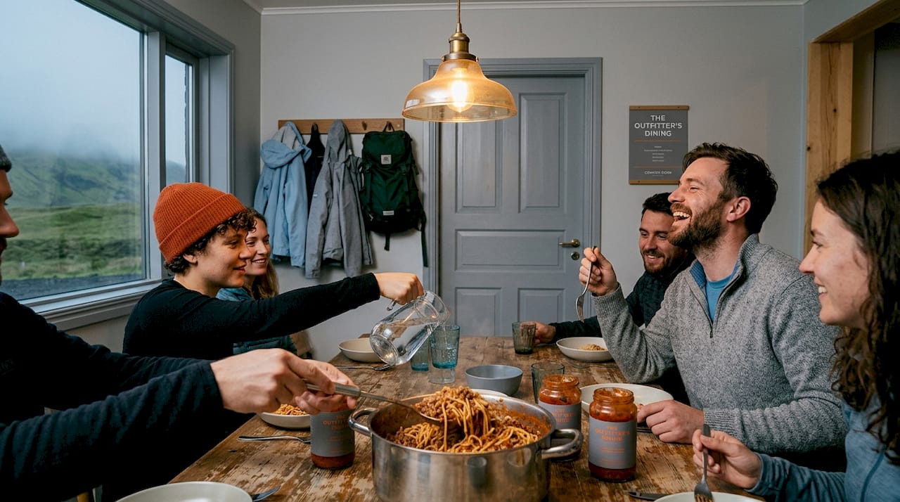 Hostel guests sharing communal dinner table