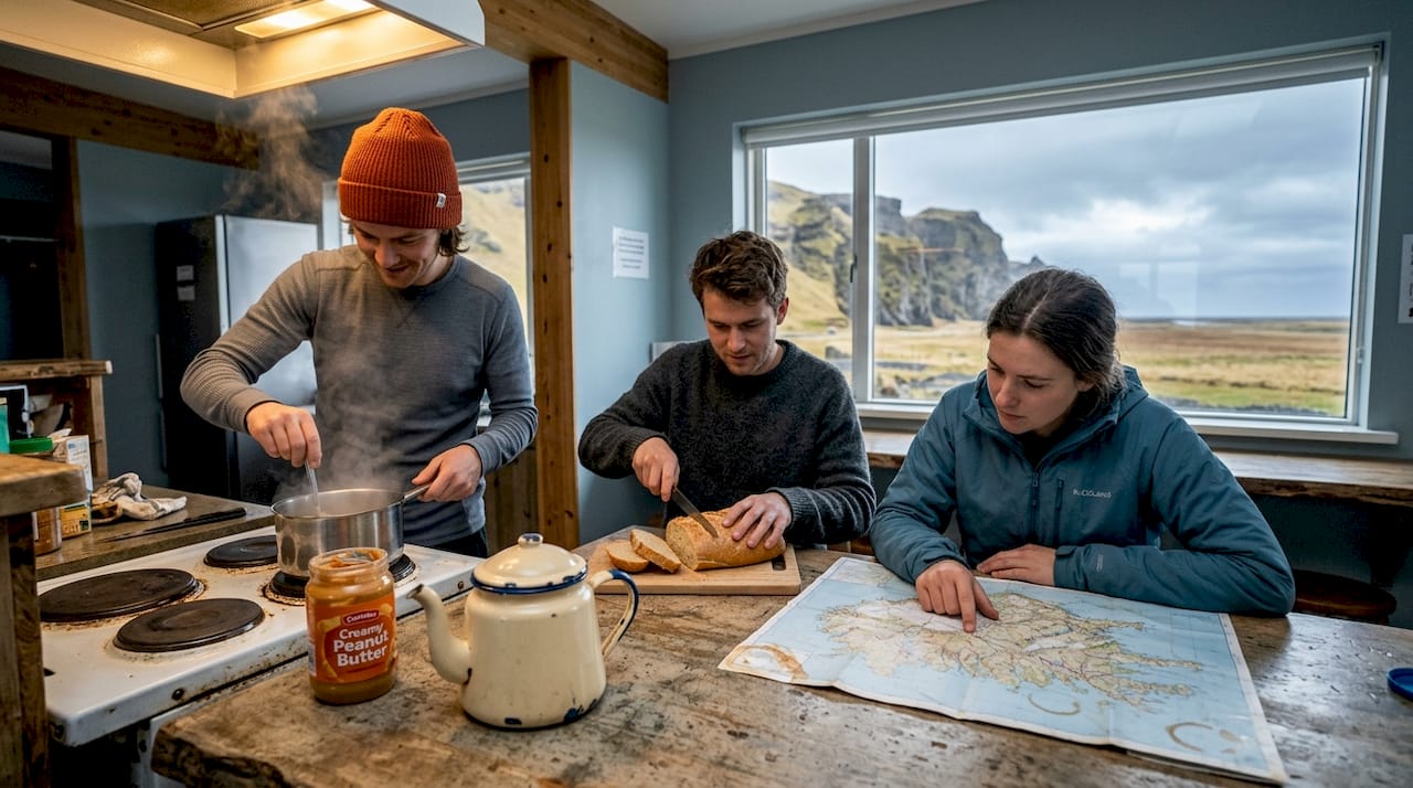 Travelers cooking together in Iceland hostel kitchen
