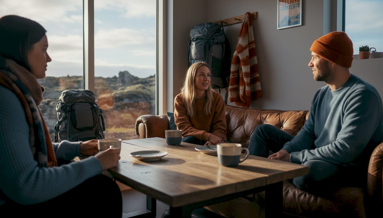 Plauderei im Aufenthaltsraum eines isländischen Hostels