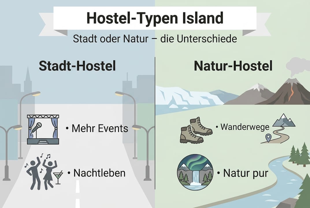 Infografik: Großstadt-Hostel oder doch lieber Natur-Hostel auf der Insel? Der Vergleich auf einen Blick.