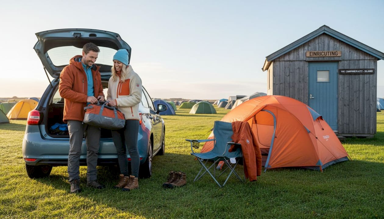Ein Paar baut ihr Zelt auf dem Campingplatz in Vík auf.