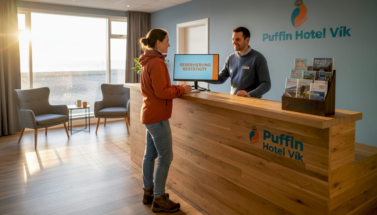 Ein Reisender meldet sich an der Rezeption des Puffin Hotel Vík an.