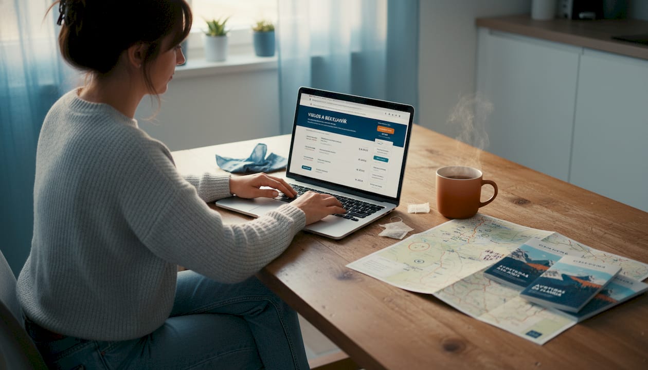 Una mujer prepara su viaje a Vík mientras organiza todo desde la cocina.