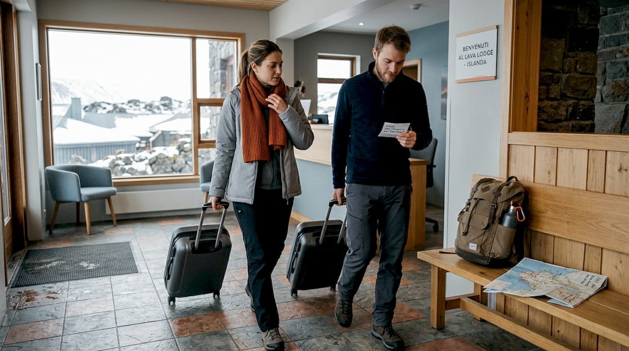 Una coppia fa il suo ingresso nella hall di un ostello in Islanda.