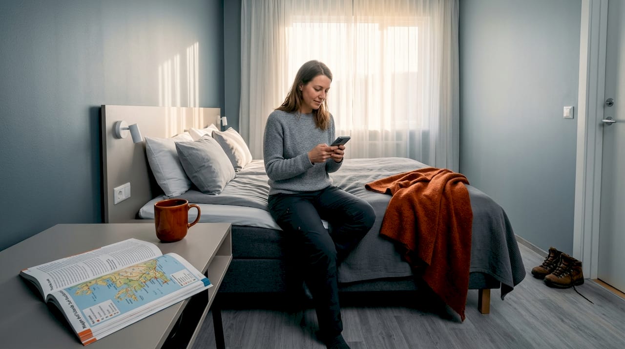 Viaggiatore che si gode un momento di relax nella sua camera d’albergo in Islanda.