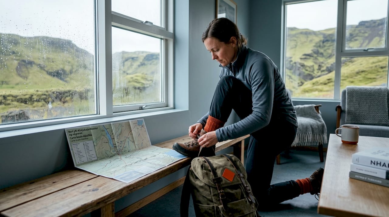 Une aventurière se prépare pour une randonnée, installée dans une auberge typique en Islande.
