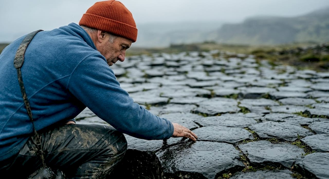 Un homme contemple les impressionnantes colonnes de basalte de Kirkjugólf.