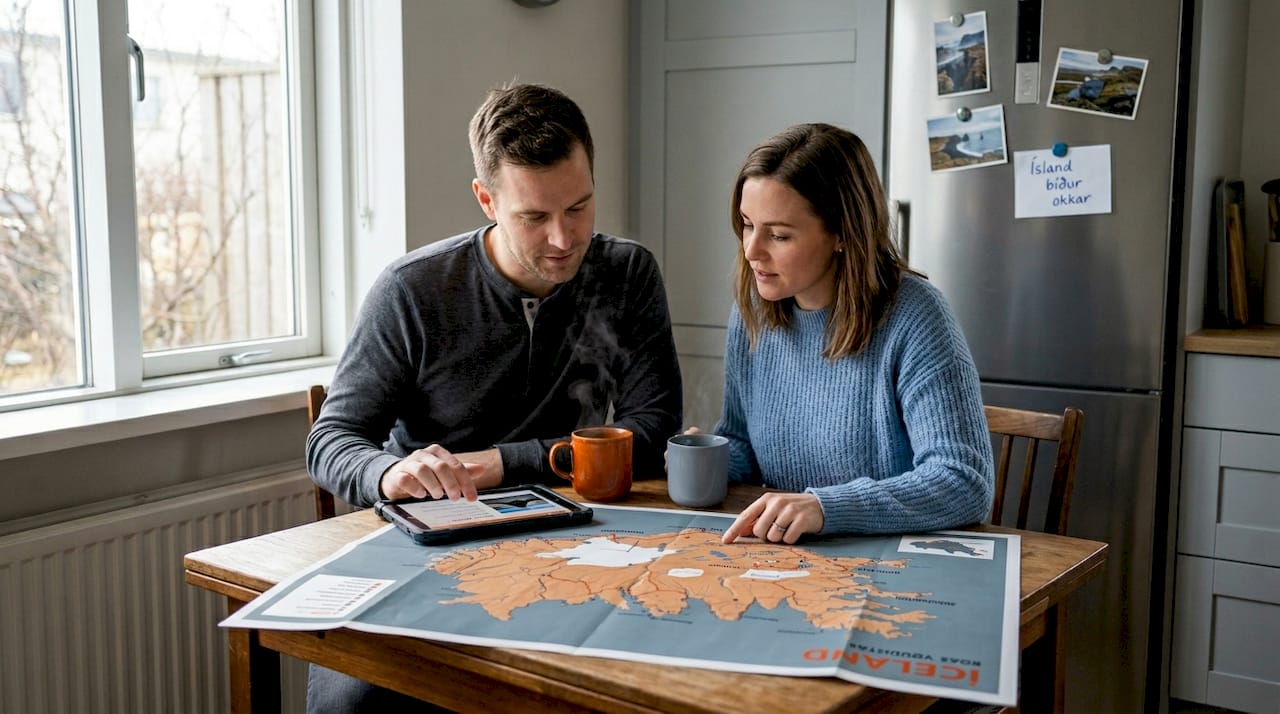 Couple planning Iceland romantic adventure at kitchen table