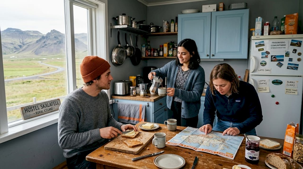 Gli ospiti dell’ostello si ritrovano in cucina per preparare la colazione insieme.