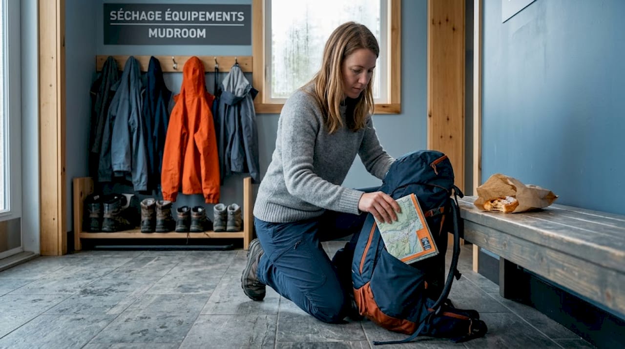 Un randonneur prépare son équipement dans le local à chaussures de l’auberge de jeunesse.