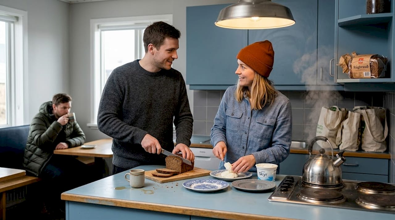 Una coppia si gode la colazione preparando qualcosa di caldo nella cucina accogliente di un ostello in Islanda.
