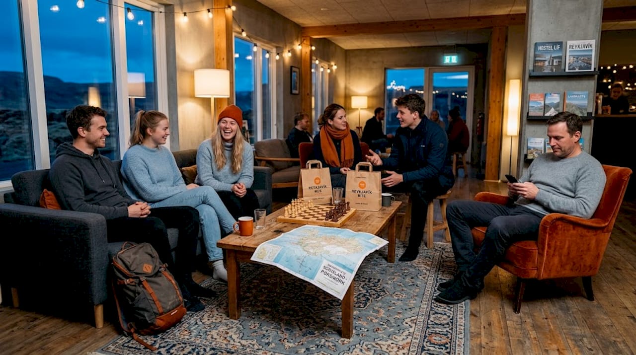 Am Abend kommen die Gäste im Hostel zusammen und tauschen sich im Gemeinschaftsraum über ihre Reiseerlebnisse aus.