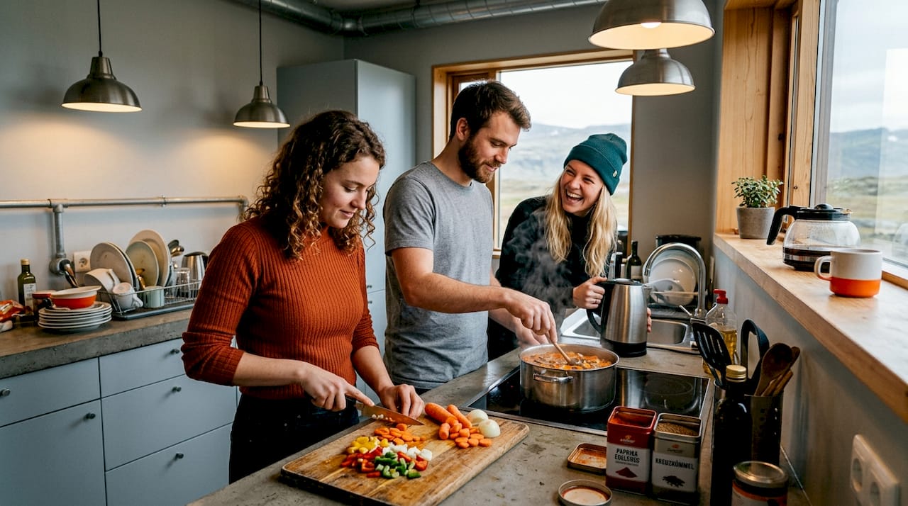 In der Gemeinschaftsküche des Hostels wird zusammen gekocht – hier entstehen schnell neue Bekanntschaften am Herd.