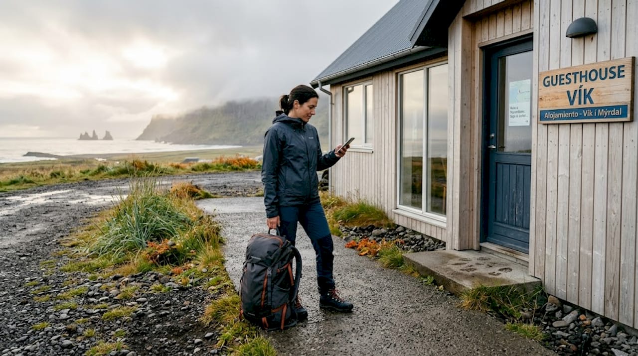 Un viajero acaba de llegar a una casa de huéspedes en Vík, Islandia.