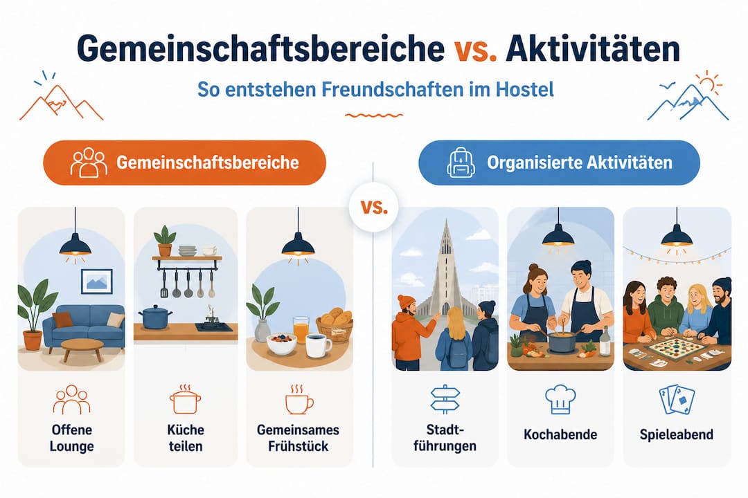 In einer anschaulichen Infografik werden verschiedene Bereiche des Hostels gegenübergestellt und mit passenden Aktivitäten verknüpft.